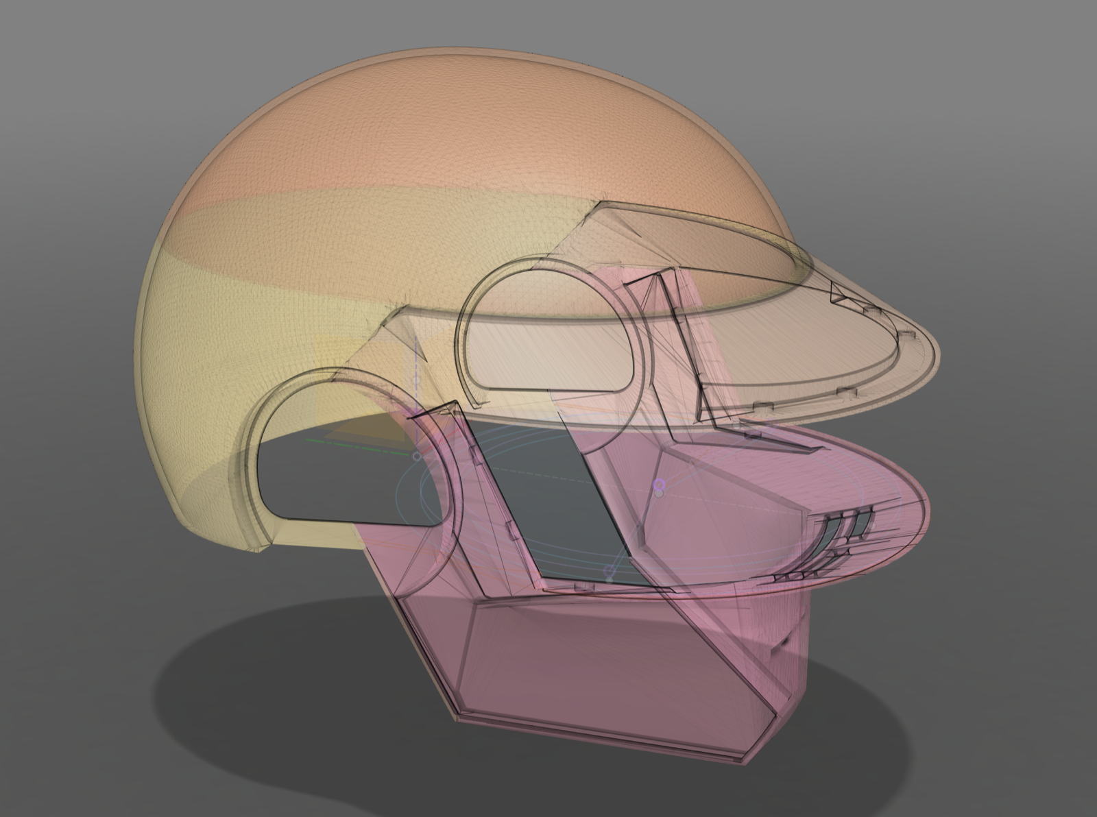 The helmet model divided into printable sections in Fusion 360