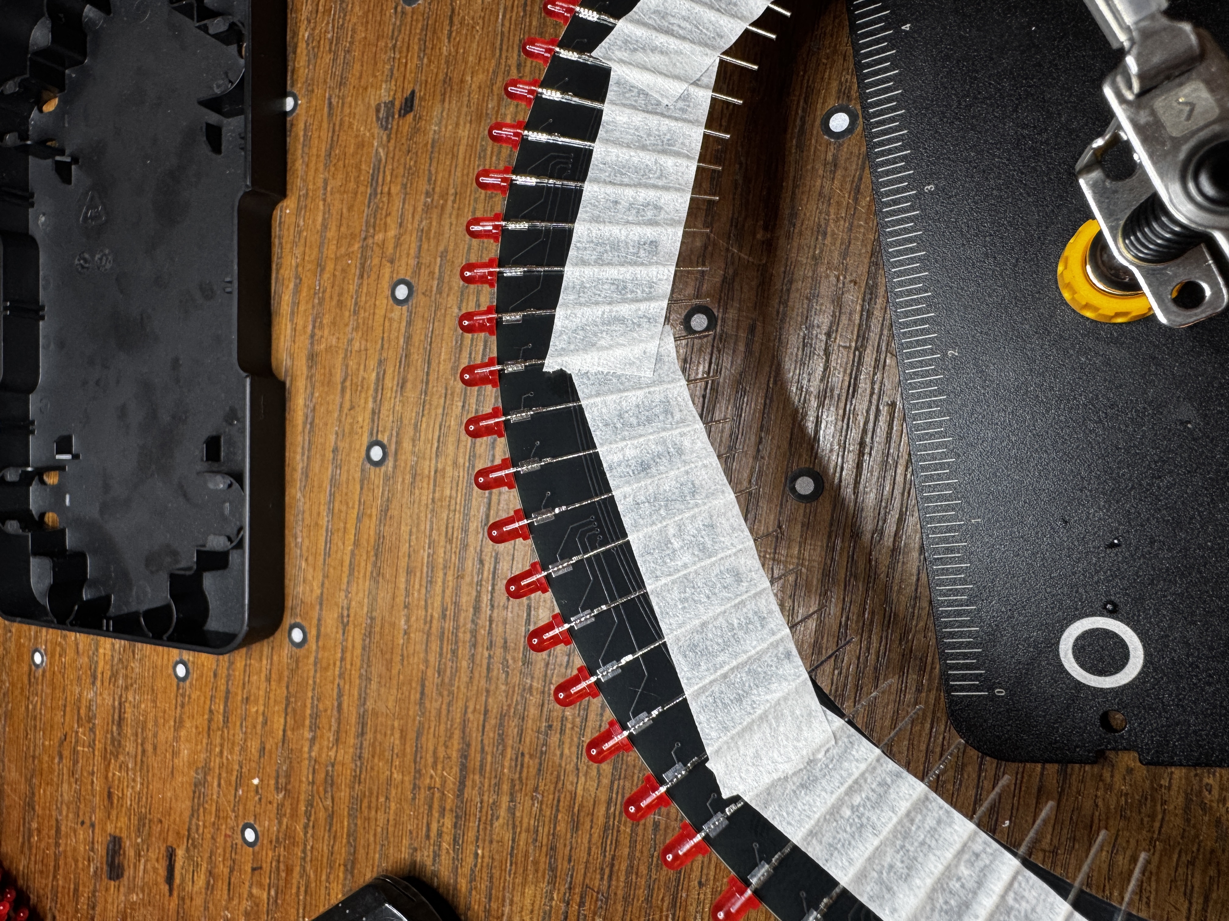 LEDs held in place with masking tape during soldering