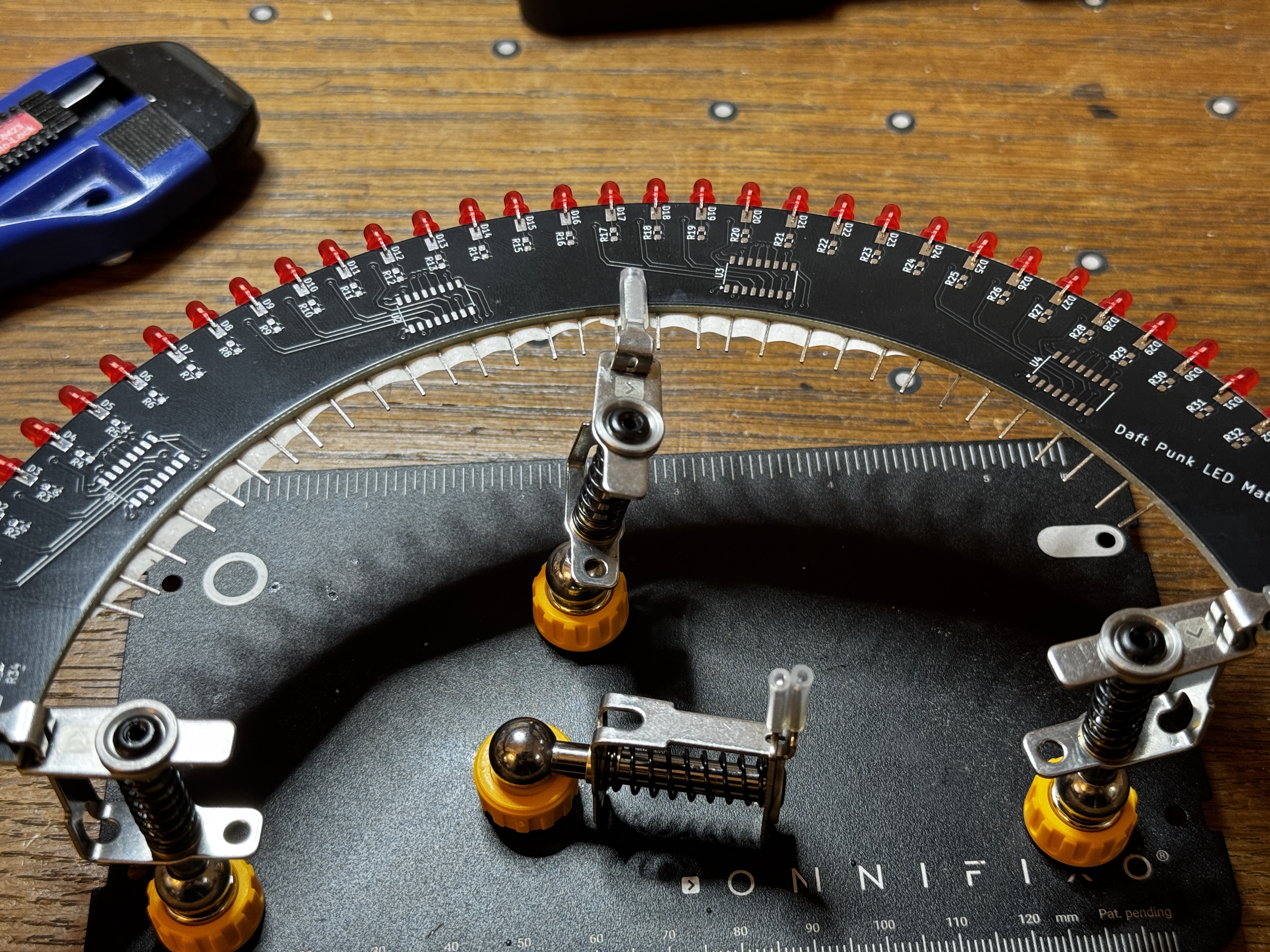 LEDs staged before soldering, showing the edge-mount orientation
